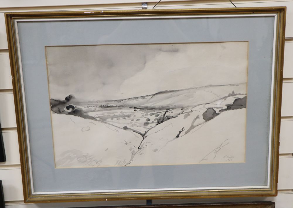 E. Burra, monochrome watercolour, Downland scene, signed and dated 1969, 31 x 49cm